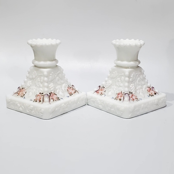 🎁2 Handpainted Paneled Grape White Milk Glass Beaded Single 1" Candlesticks - Picture 7 of 10